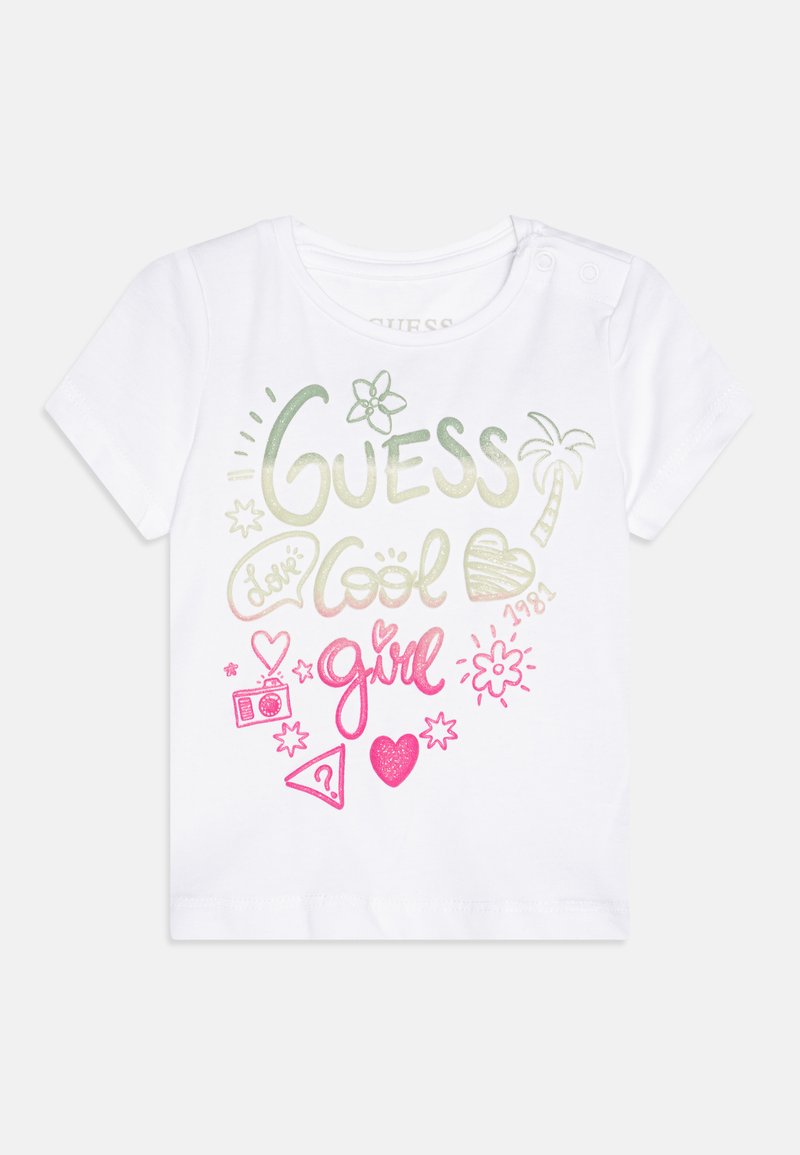 White short-sleeve t-shirt with multicolored graphic text and icons. Features pastel green, pink, and red designs, including hearts and stars.