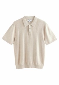 Polo à manches courtes beige avec un col, présentant une texture côtelée verticale et une patte de boutonnage à trois boutons. Matière douce en tricot.