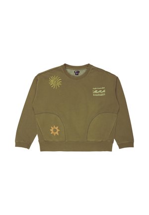 Felpa verde oliva con scollatura rotonda, maniche lunghe e tasche curve. Presenta disegni di sole giallo e onde; tessuto ricco di cotone.
