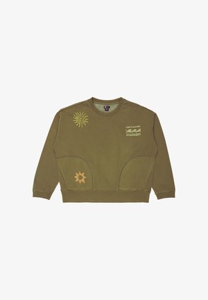 Felpa verde oliva con scollatura rotonda, maniche lunghe e tasche curve. Presenta disegni di sole giallo e onde; tessuto ricco di cotone.