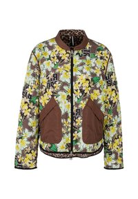 Blumige Bomberjacke mit braunem und gelbem Print, leichtem Stoff, Reißverschluss, zwei Fronttaschen und einem Futter im Leopardenmuster.
