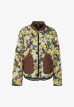 Blumige Bomberjacke mit braunem und gelbem Print, leichtem Stoff, Reißverschluss, zwei Fronttaschen und einem Futter im Leopardenmuster.