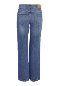 Jeans din denim albastru, cu picioare largi, talie medie, buzunare pe spate și detalii cu margini desfăcute. Fabricat dintr-un material de bumbac rezistent.