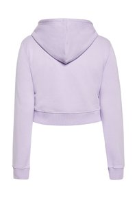 Felpa corta in lavanda chiaro, realizzata in materiale morbido. Presenta un cappuccio, maniche lunghe e polsini a coste all'orlo e alle maniche.