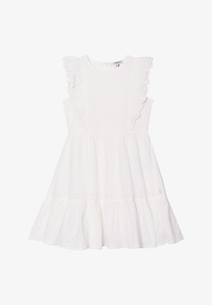 Witte mouwloze jurk van een gestructureerde stof, met ruches op de schouders en een gelaagde rok. Achterkant met knoopsluiting.