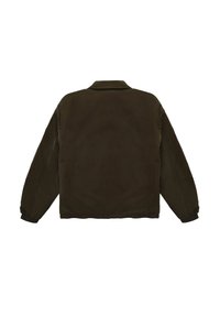 Dunkelgrüne Jacke mit Kragen, elastischen Bündchen und Saum. Glatte Textur, entspannter Schnitt und keine sichtbaren Beschläge oder Muster.