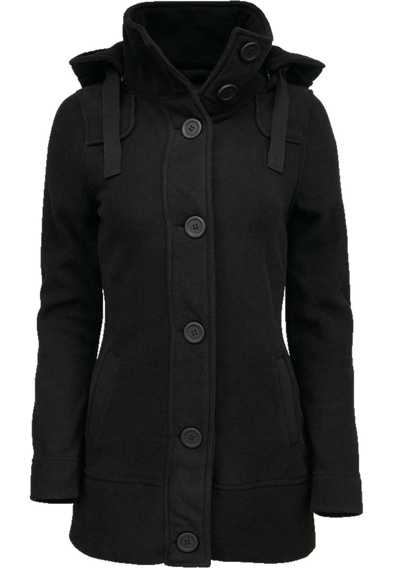 Manteau à capuche noir en tissu doux avec une coupe ajustée, doté de grands boutons, de poches latérales et de liens en tissu au niveau de la capuche.