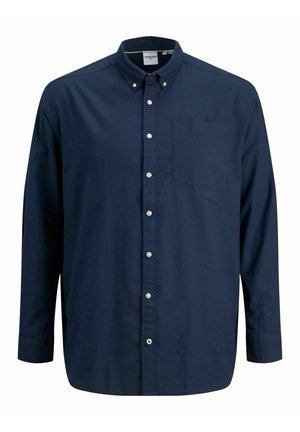 Navy blue long-sleeve button-up shirt made of cotton, featuring a collar, a chest pocket, and white buttons along the front.