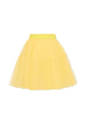 Żółta spódnica z tiulu na wielu warstwach z szerokim elastycznym pasem w talii, zdobionym subtelnym wytłaczanym logo.