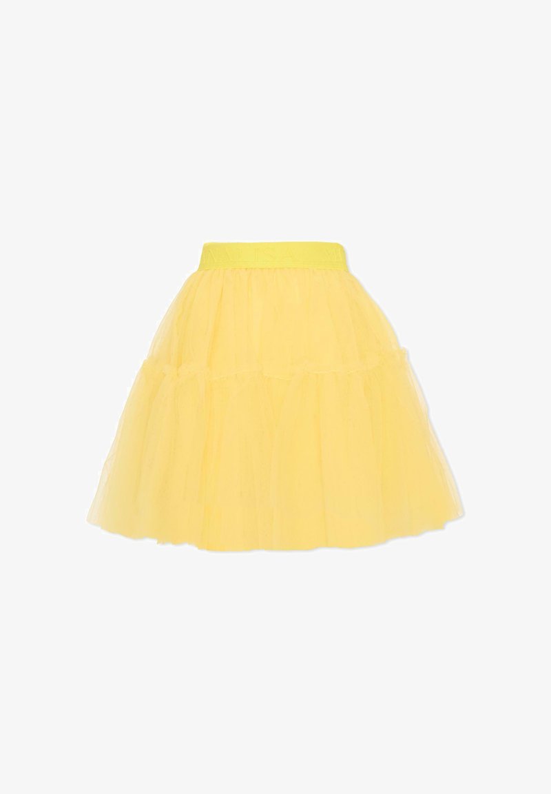 Jupe en tulle jaune à volants avec une large ceinture élastique ornée d'un logo en relief subtil.