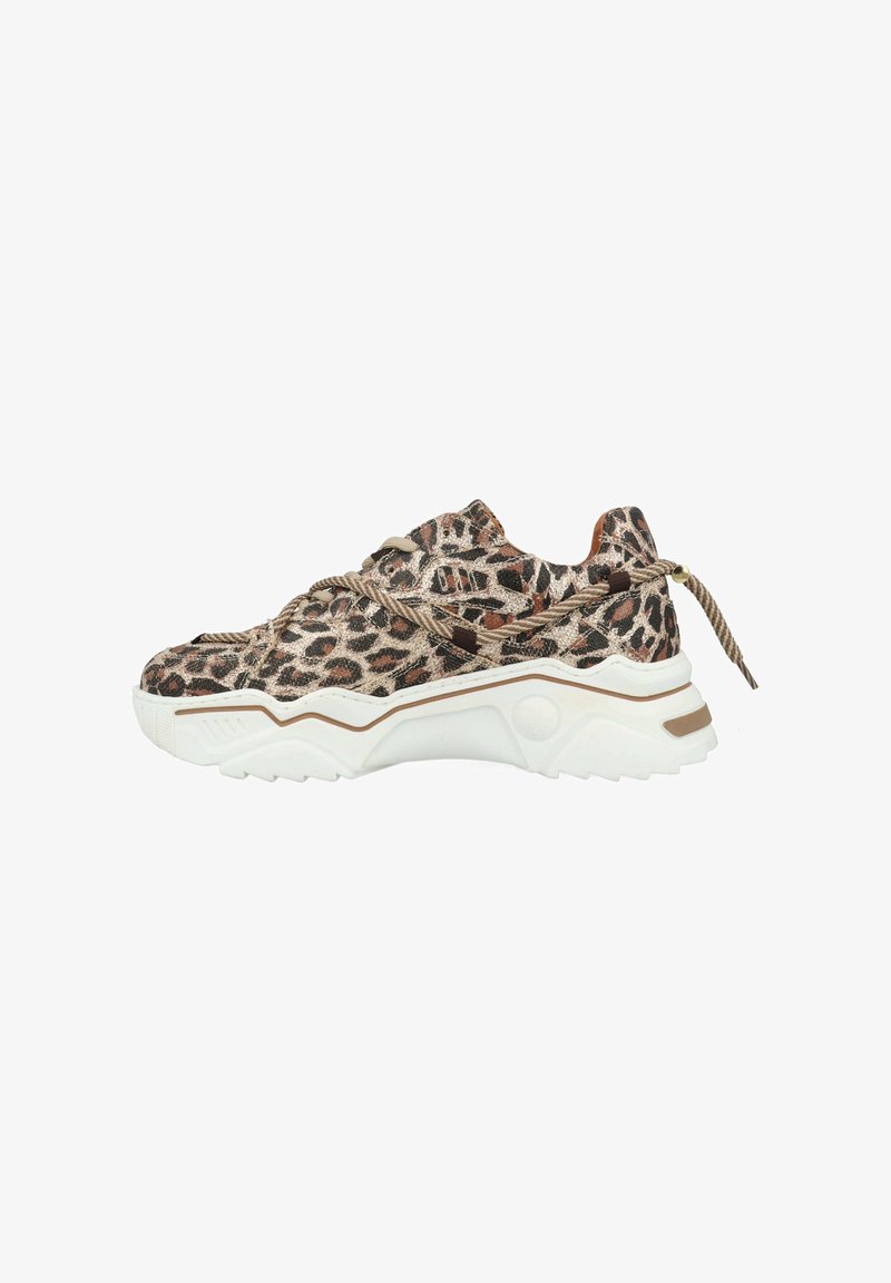 Leopard print sneaker featuring a textured upper, padded collar, beige laces, and a chunky white sole with brown accents.