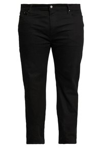 Jeans de mezclilla negra con un corte ajustado, que cuentan con un diseño clásico de cinco bolsillos, remaches de metal y cierre de botón.
