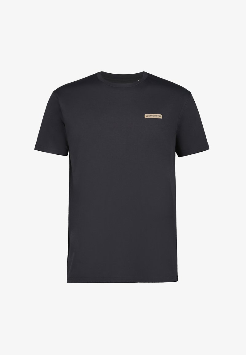 Black short-sleeve t-shirt made of smooth material, featuring a rectangular beige logo patch on the upper left chest.