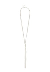 Silver lång halsband som har flera tunna kedjor, en knuten mittdel och fransdetalj som hänger i slutet.