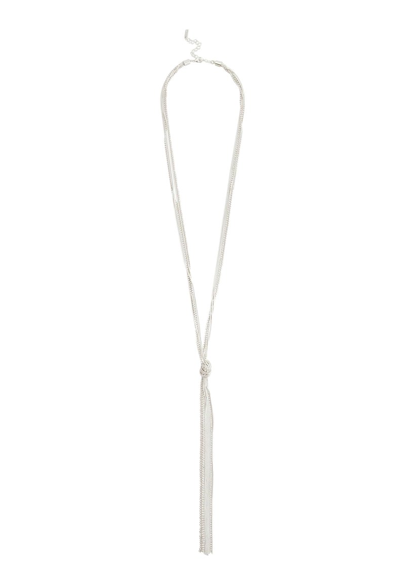 Silver lång halsband som har flera tunna kedjor, en knuten mittdel och fransdetalj som hänger i slutet.