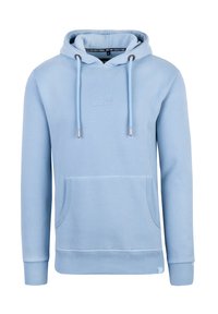 Hellblauer Hoodie aus einer Baumwollmischung mit einer Kordelzugkapuze, einer vorderen Kängurutasche, gerippten Bündchen und einem dezenten Logodetail auf der Brust.