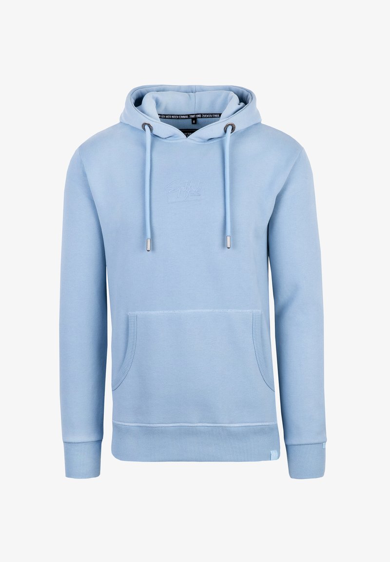 Hellblauer Hoodie aus einer Baumwollmischung mit einer Kordelzugkapuze, einer vorderen Kängurutasche, gerippten Bündchen und einem dezenten Logodetail auf der Brust.