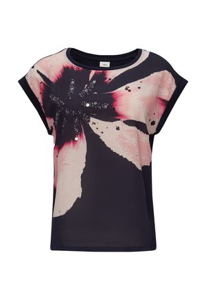 T-shirt met korte mouwen in donker marineblauw met een bloemenpatroon in roze en wit, voorzien van versieringen en een relaxte pasvorm. Zachte stoftextuur.