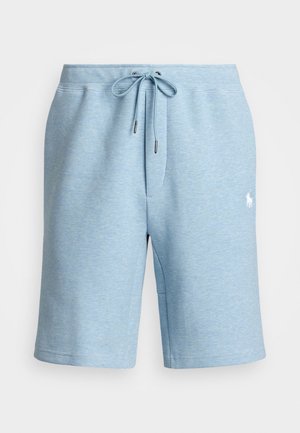 Lichtblauwe sweatshorts voor heren tot aan de knie, met een elastische tailleband, trekkoord en een klein wit geborduurd logo op het rechterbeen.