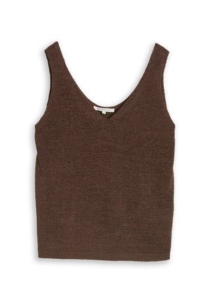 Top marrone lavorato a maglia senza maniche con scollo a V e spalline larghe, disteso su sfondo bianco.