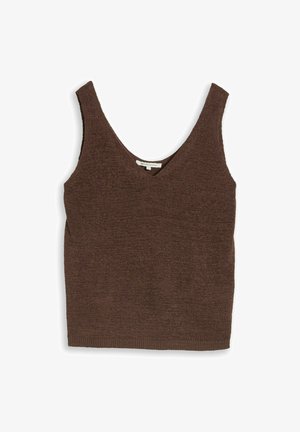 Top marrone lavorato a maglia senza maniche con scollo a V e spalline larghe, disteso su sfondo bianco.