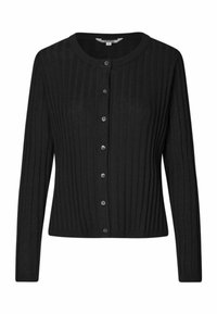 Black ribbed cardigan with a round neckline, long sleeves, and button front closure. Features six metallic buttons and a fitted silhouette.