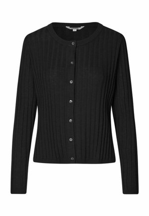 Cardigan nero a coste con scollatura rotonda, maniche lunghe e chiusura frontale con bottoni. Presenta sei bottoni metallici e una silhouette aderente.