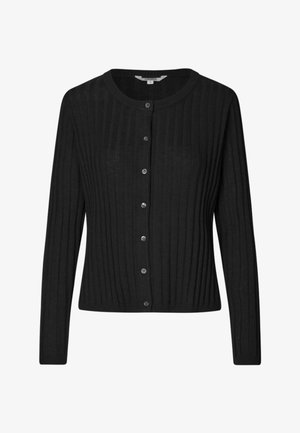 Černý žebrovaný kardigan s kulatým výstřihem, dlouhými rukávy a zapínáním na knoflíky vpředu. Obsahuje šest metalických knoflíků a přiléhavý střih.