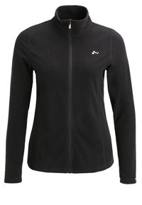Zwarte fleecejas met lange mouwen, rits aan de voorkant, hoge kraag en klein wit logo op de linkerkant van de borst.