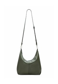 Sac à épaule en cuir vert foncé avec une longue sangle ajustable et un logo de marque subtil au centre avant.