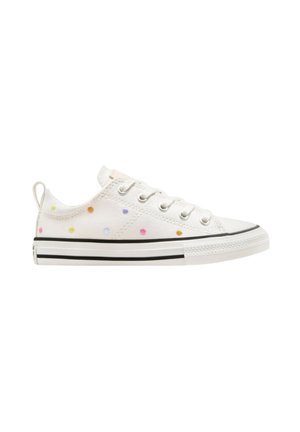 Sneaker in tela bianca con pois multicolore, punta rotonda, striscia a contrasto nera e un piccolo tassello sul retro. Suola in gomma.