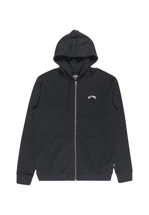 Black zip-up hoodie made of cotton blend fabric. Features a drawstring hood, front pockets, ribbed cuffs, and a small logo on the chest.