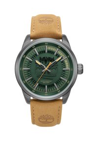 Reloj analógico verde con un dial texturizado, bisel en tono plateado y correa de cuero marrón; presenta acentos amarillos e indicador de resistencia al agua.