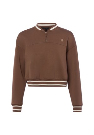 Bruine cropped sweatshirt met lange mouwen, met wit gestreepte geribbelde manchetten, halslijn en zoom, voorzien van een korte rits aan de voorkant en een klein logo op de borst.