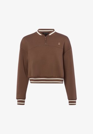 Bruine cropped sweatshirt met lange mouwen, met wit gestreepte geribbelde manchetten, halslijn en zoom, voorzien van een korte rits aan de voorkant en een klein logo op de borst.