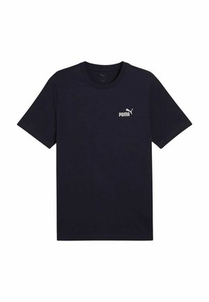 Marineblaues Baumwoll-T-Shirt mit kurzen Ärmeln, das einen klassischen Rundhalsausschnitt hat und ein weißes Puma-Logo auf der linken Brustseite trägt.