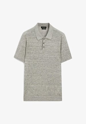 Hellgraues Poloshirt mit kurzen Ärmeln, drei Knöpfen und klassischem Kragen, aus weichem, strukturiertem Stoff.
