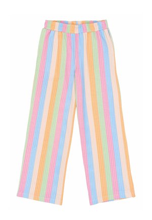 Voľné nohavice s vertikálnymi pastelovými pruhmi v ružovej, modrej, zelenej, oranžovej a krémovej farbe s elastickým pásom.