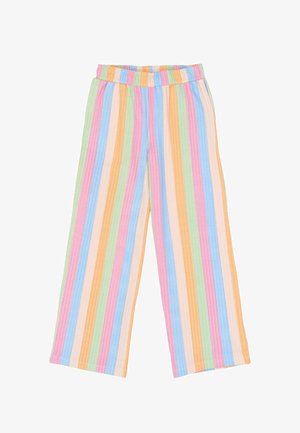Voľné nohavice s vertikálnymi pastelovými pruhmi v ružovej, modrej, zelenej, oranžovej a krémovej farbe s elastickým pásom.
