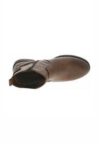 Bottine en cuir marron avec une texture lisse, fermeture éclair sur le côté et un motif décoratif sur le talon. Semelle en caoutchouc pour une bonne adhérence.