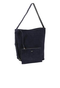 Navy suede tote bag with a single shoulder strap, featuring a detachable zippered pouch in the same material. Smooth texture, minimal design.