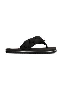 Svart flip-flopsandal med bred, flettet polstret stropp og flat såle med hvit stripe og teksturert bunn.