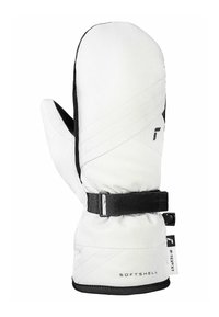 Weiße Softshell-Handschuhe mit schwarzen Akzenten, ausgestattet mit einem gesicherten Handgelenkband, gestepptem Muster und einem auf die Handfläche gedruckten Logo.