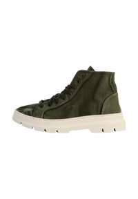 Hoge sneakers van donkergroene stof met een gestructureerde afwerking, witte rubberen zool, ronde neus en zes gaatjes voor veters.