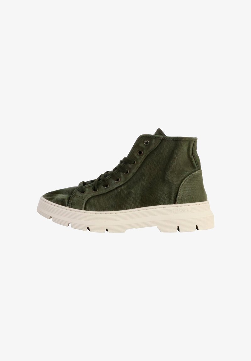 Hoge sneakers van donkergroene stof met een gestructureerde afwerking, witte rubberen zool, ronde neus en zes gaatjes voor veters.