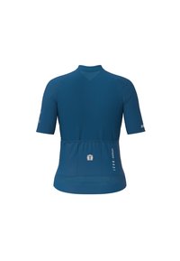 Short-sleeve cycling jersey in dark blue. Features a sleek, fitted design with textured panels, rear pockets, and a logo on the lower back.