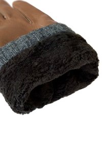 Brown leather glove with a black plush lining and a gray knit cuff. The glove features a smooth exterior and soft interior texture.