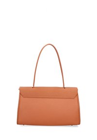 Borsa a mano in pelle marrone con una forma strutturata, manico superiore singolo e patta pieghevole. La superficie testurizzata aggiunge dettagli.