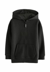 Černá mikina na zip s velkou kapucí, předními kapsami a žebrovanými manžetami. Vyrobena z měkké, hladké látky s jednoduchým designem.