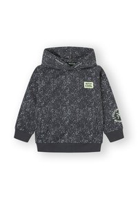 Sudadera negra con patrón salpicado blanco, bolsillo frontal y puños acanalados. Presenta una etiqueta "MOTOR COOL" en el pecho y acentos en verde neón.